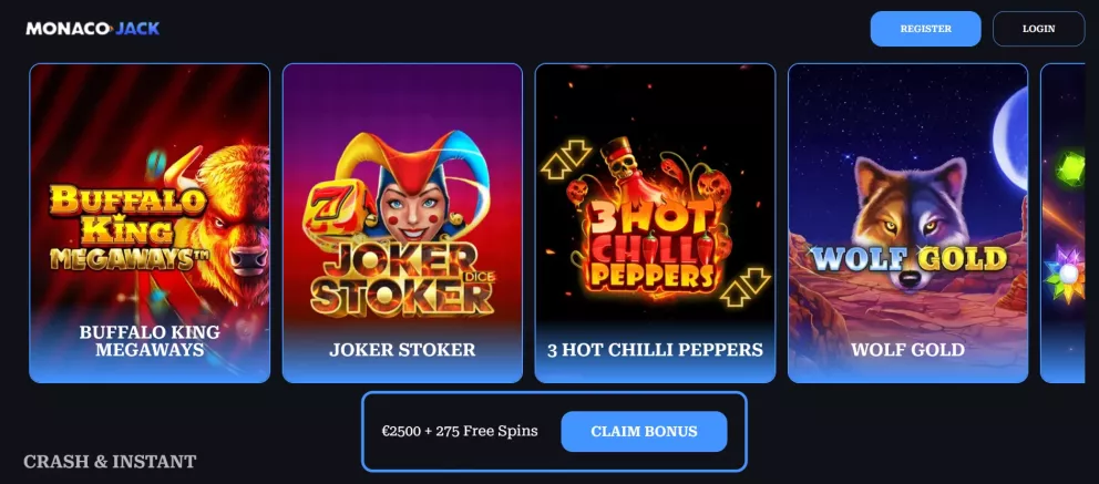 Monaco jack Casino Willkommensbonus bis 2.500 € und 275 Freispiele